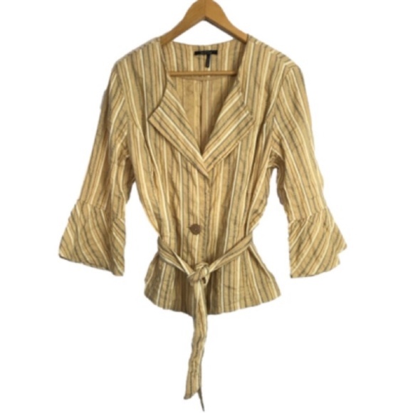 NIC & Zoe Striped Blazer Button Bell Sleeves Tie Waist Pockets Taupe Linen Blend - Picture 1 of 13